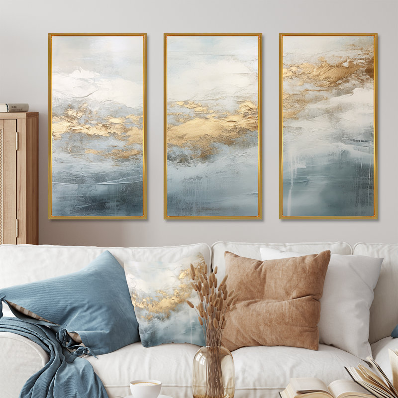 Beige, bleu, or, océan, tempête V, ensemble d'art mural sur toile à formes abstraites, Cadre flottant doré, H 40 po x l 60 po
