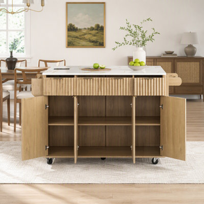 Fluted Kitchen Island with Storage, Drop Leaf, Power Outlet, 4 Doors, 3 Drawers, Faux Marble Top, Curved Edges for Safety and Style