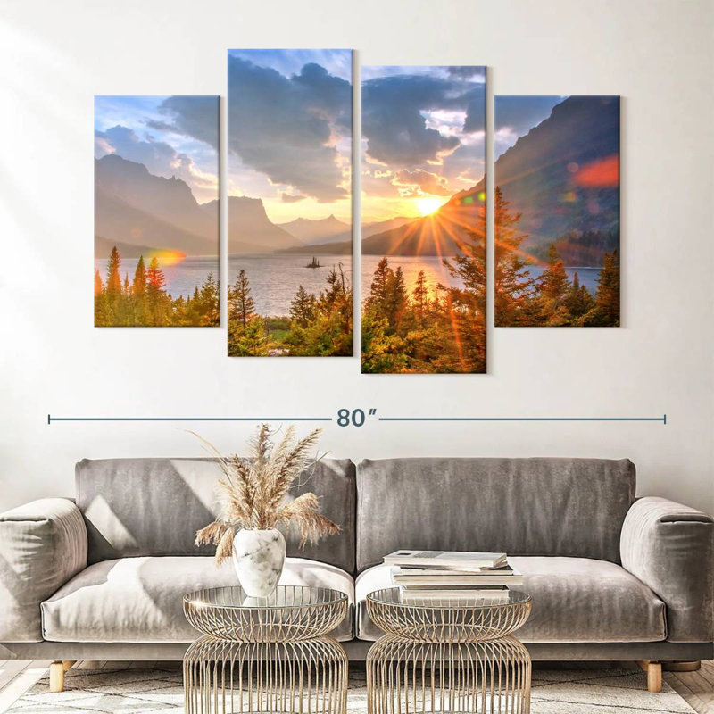 Lakeside Mountains, Montana, lac Saint Mary - 4 pièces sur toile tendue, H 42 po x l 68 po x P 1,25 po