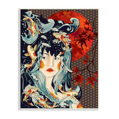 Regal Female Abstract Portrait Geometric Pattern Koi Fish Wall Plaque Art By Sangita Bachelet