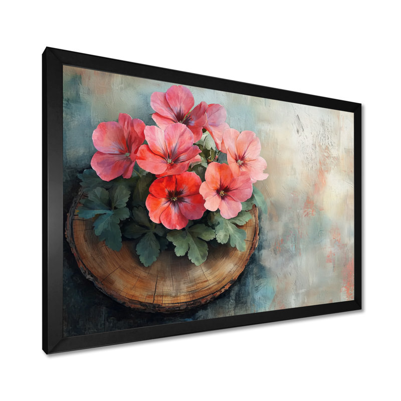 Fleurs de géraniums sur un plateau en bois - Art encadré de géraniums, Cadre simple, Noir, noir, noir, noir