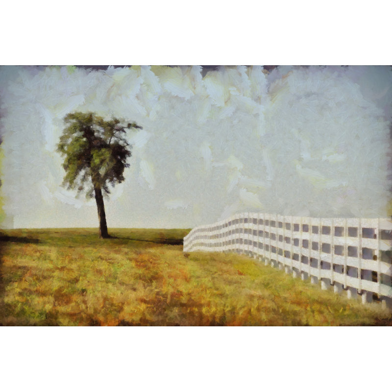 Painted Lone Tree By White Fence - Wrapped Canvas Art Prints, 30cm H x 46cm W x 3.8cm D