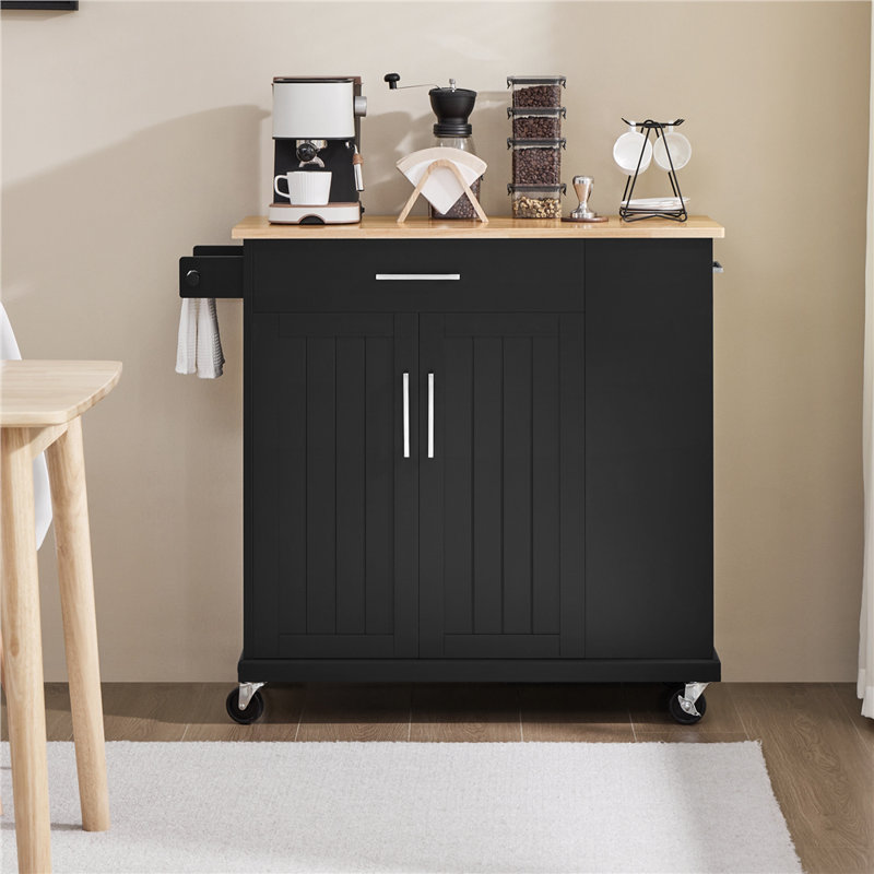 Chariot pour îlot de cuisine H 36 po avec plateau en bois massif et rangement, Noir, noir, noir, noir