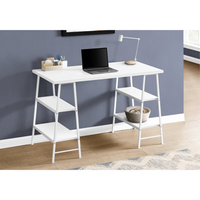 Home Office Furniture Desk With 48"l White Laminate Surface And 4 Shelves In Metal Modern Industrial Computer For Use, Top