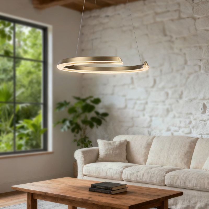 Solaire - Suspension LED à anneau large de 23,6 pouces en laiton antique satiné, lustre moderne à intensité variable de 52 W 3000 K pour salon et îlot de cuisine, hauteur réglable de 122 pouces
