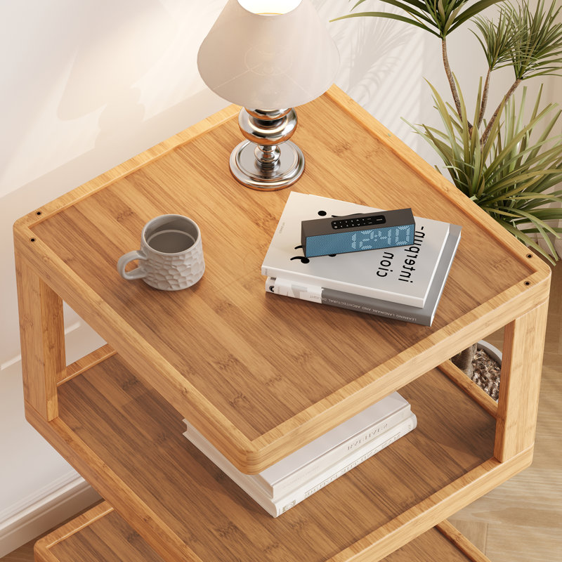 Table d'appoint roulante en bois massif naturel à 3 niveaux, finition naturelle, Plateau en bois naturel / base jaune