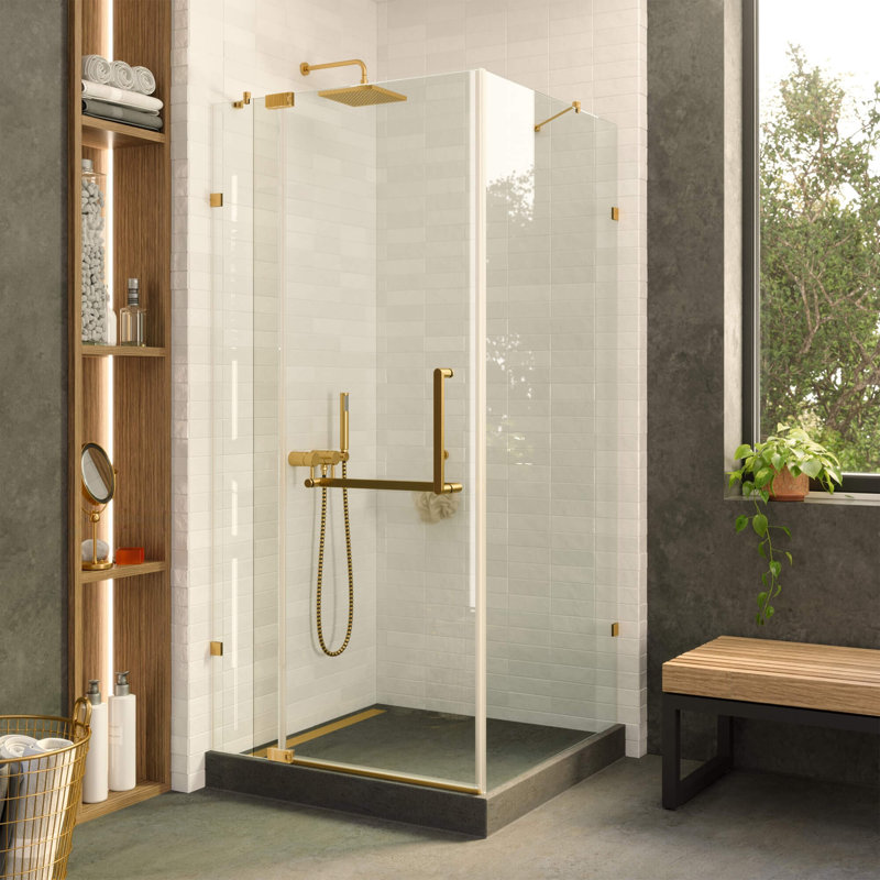 Elegant Satin Brass Frameless Tempered Glass Corner Shower Enclosure