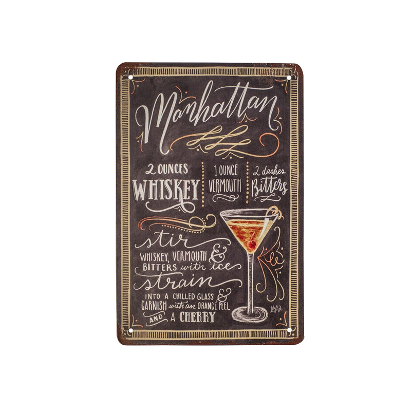 Manhattan, boisson alcoolisée, cocktail, recette, rétro, étain, panneau mural, bar à la maison, décor de pub