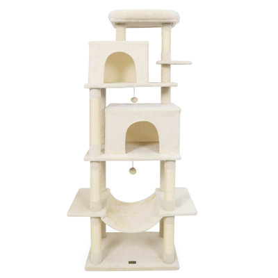 70” Large Cat Tree for Indoor Cats with Plush Top Perch, Dual large Condos, Hammock Beige