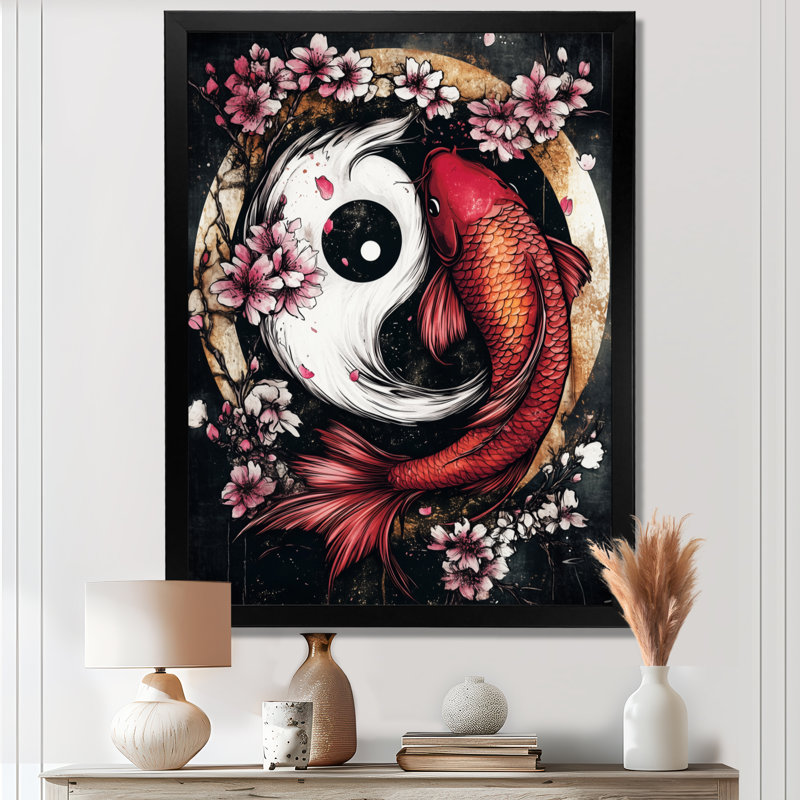 Étang mural Sakura Yin et Yang Koi, H 44 po x l 34 po x P 1,5 po, Toile encadrée noire simple
