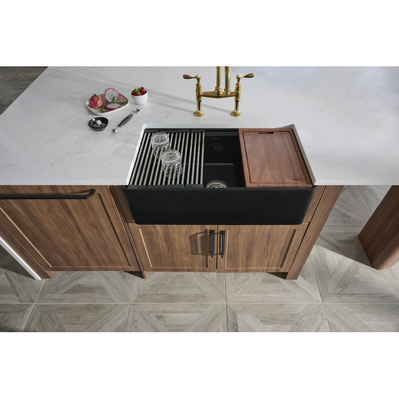 33'' L Double Bowl Fireclay Kitchen Sink, Black
