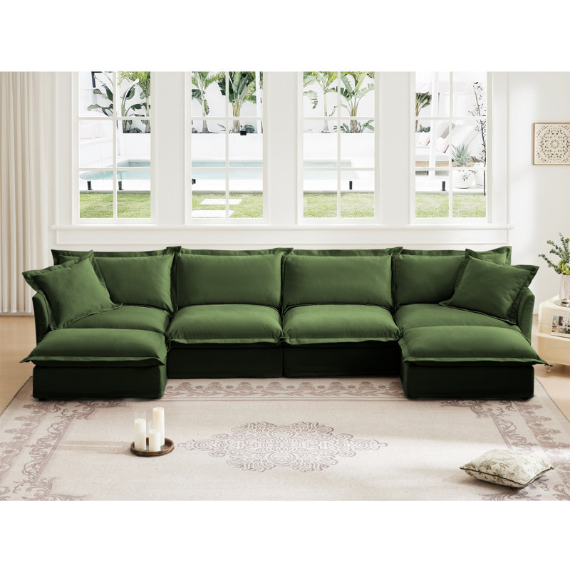 Canapé, repose-pieds en chenille, 4, Chenille verte, H 34,6 po x l 156,6 po x P 33 po