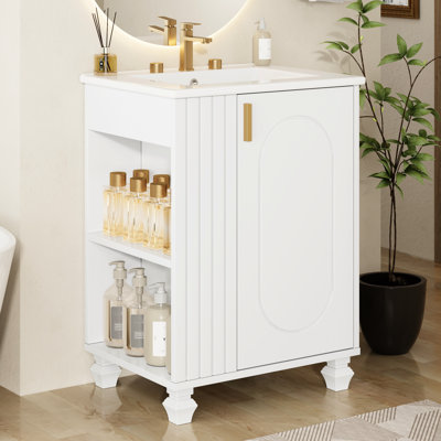 Meuble-lavabo de 24 po avec lavabo facile à nettoyer, porte à fermeture en douceur, rangement latéral ouvert, pieds en céramique compatibles avec robinet de 8 po, armoire