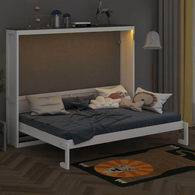 Queen Size Murphy Bed With LED Light, Foldable Bed Frame With Storage Shelf