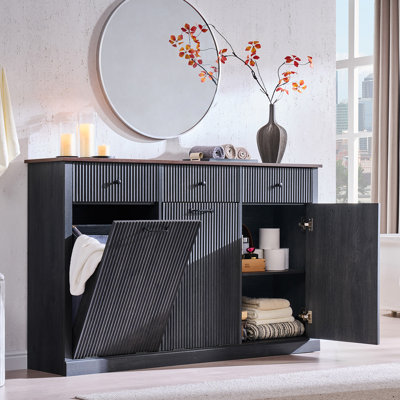 Modern Tilt-out Triple Laundry Hamper Cabinet with 3 Drawers,20 Gallon Fluted Laundry Storage Basket for Bathroom (Includes 2pc laundry basket),Grey