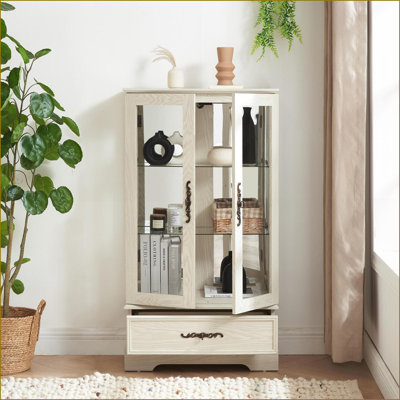 Vitrine Curio | Rétro rétro américain | Éclairage | Tablettes réglables en verre | 2 portes + 1 tiroir | Anti-basculement | Blanc cassé | Panneau de fibres à densité moyenne + verre