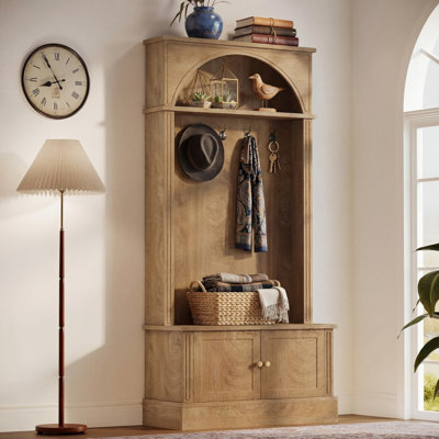 Brown, 4-In-1 Foyer Coat Rack With Bench And Shoe Rack, 70.88 Inches High, With 5 Sets Of Double Hooks And Adjustable Shelves, Suitable For Hallway Entryways.