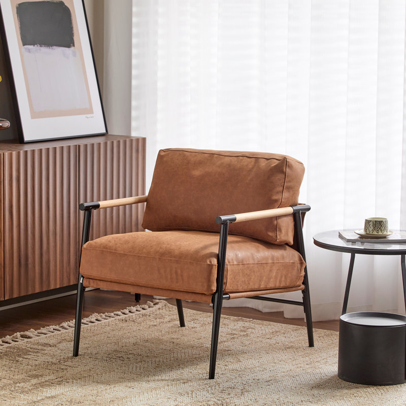 27.56" Accent Chair with Solid Wood Armrests, Brown, Black