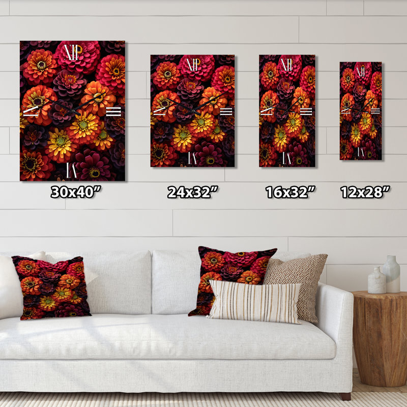 Horloge murale florale orange et rose Zinnia, Très grand