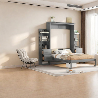 Lit escamotable moderne avec rangement en bois aggloméré gris moderne pour la maison