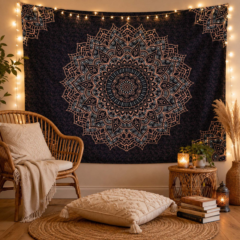 Tapisserie noire Mandala, conception psychédélique bohémienne pour chambre à coucher et salon