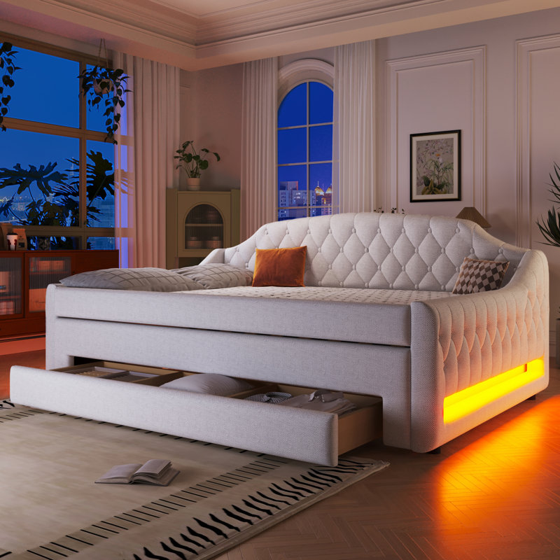 Full Size Upholstered Daybed with LED Lighting, Trundle and Three Storage Drawers, Modern Beige Bed, Beige