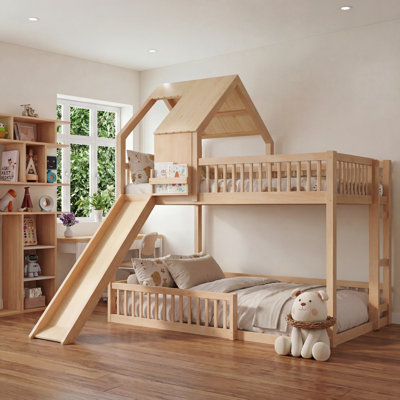 Wood Full XL over Queen Floor House Bunk Bed Frame with Slide & Built in Ladder for Kids, Teens, Juniors, Natural