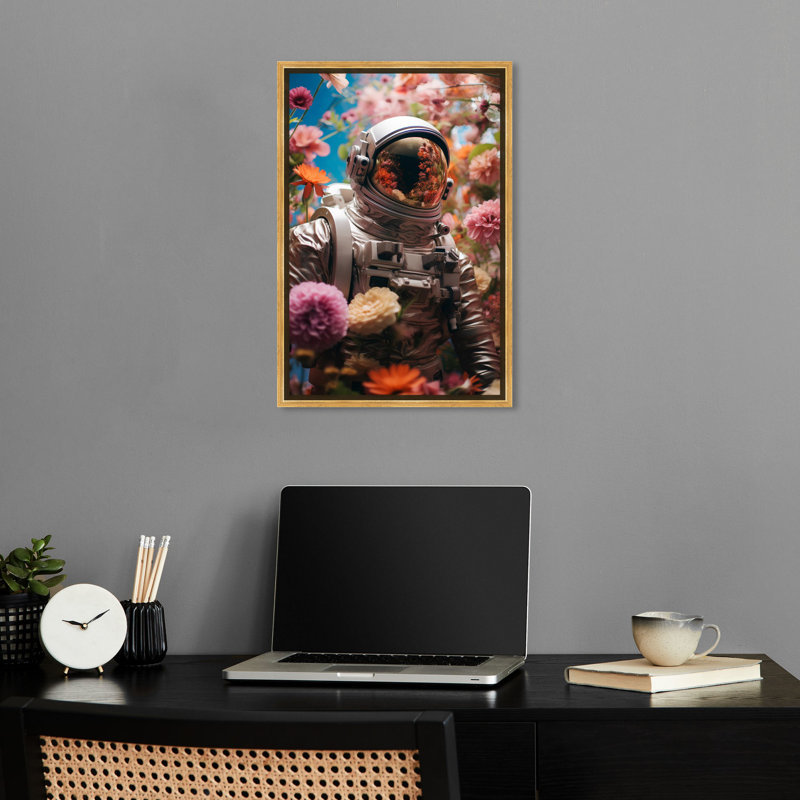 Art romantique astronaute sur toile par Notoriart, Cadre doré, H 16 po x l 11 po