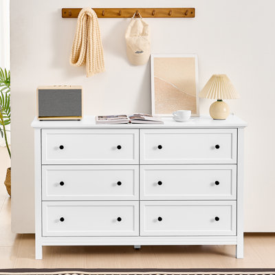 Commode 6 tiroirs, commode en bois avec dispositif coulissant et anti-basculement, commode rétro minimaliste, organisateur de meuble télé avec rangement pour le salon, le couloir, la chambre à coucher, le vestibule, blanc
