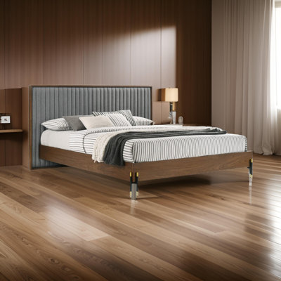 Noe Sia Platform Bed, Channel Tufted Upholstery, Gray, Brown