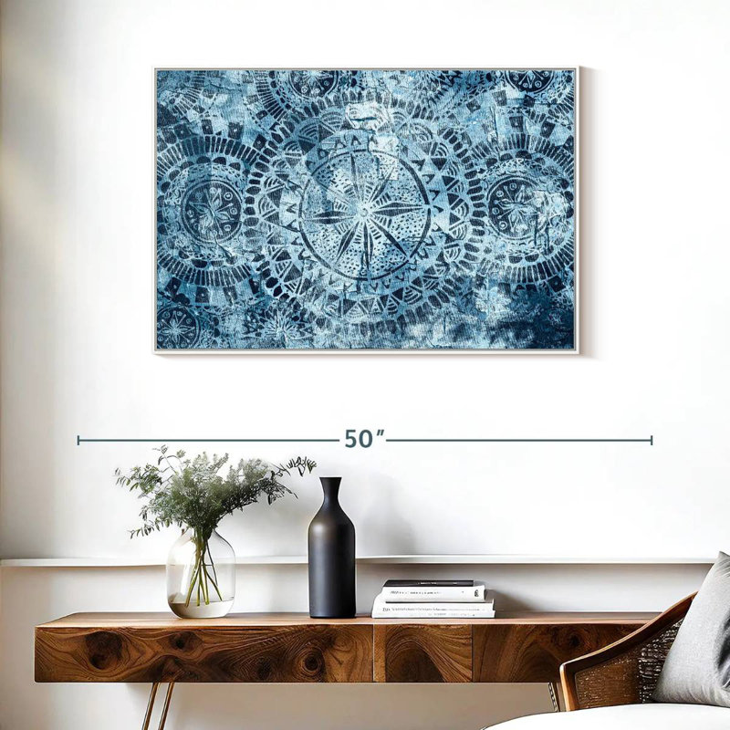 Mandalas tribaux bleus, Cadre flottant blanc, 37 po x 25 po