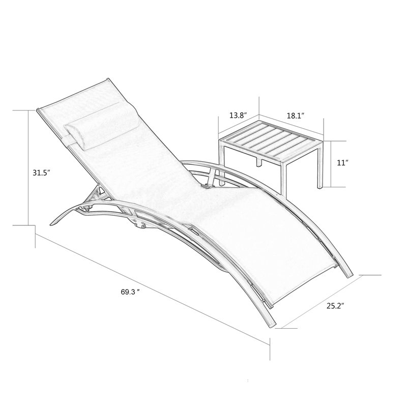 2-Piece Foldable "S"-Shaped Reclining Chaise Lounge Set With Table (Set of 2), Gray, 31.50" H x 25.20" W x 69.30" D