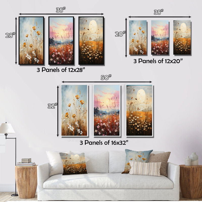 «Meadow Grasslands Pointillism», 3 pièces sur toile, Encadré naturel, H 28 po x l 36 po
