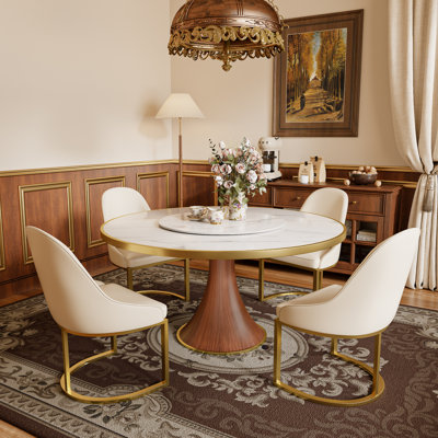 4-8 Seats Mid-Century Luxury Dining Table Sets  With Rotating Lazy Susan With Leather Upholstered Gold Stainless Steel Base Dining Chairs