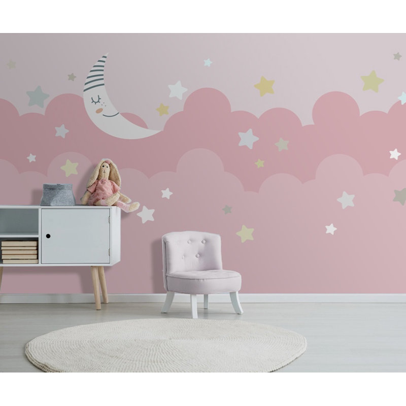 Caricature de papier peint texturé amovible rose ciel et petites étoiles, l 112 po x L 75 po