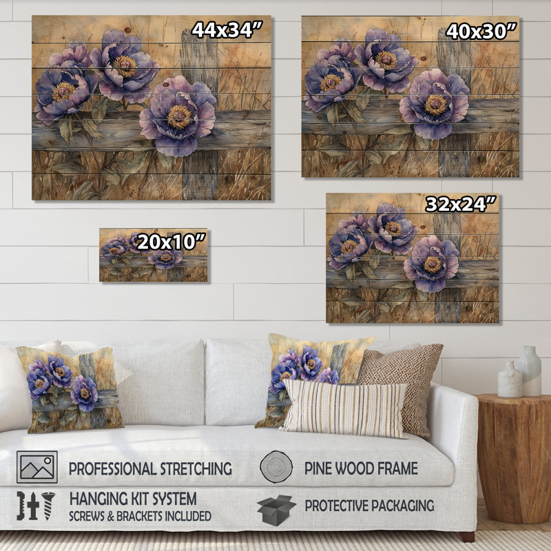 Pivoines mauves par la clôture - décoration murale en bois de pivoines - sur bois de pin naturel, H 34 po x l 44 po