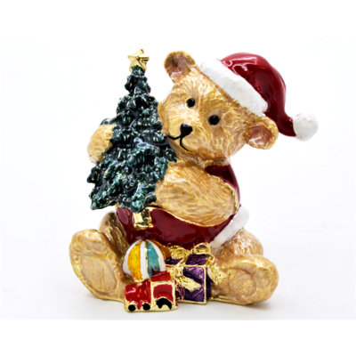 Holiday Bear Trinket Box with Christmas Tree. Hand Crafted with Details
