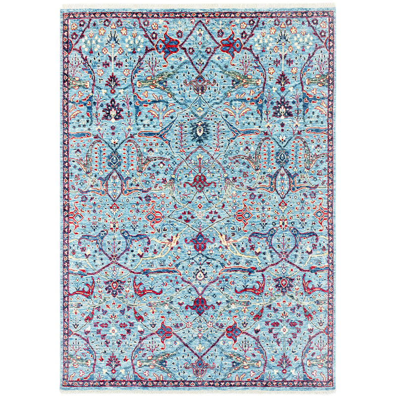 Tapis bleu / rouge / jaune noué à la main de haute qualité, Rectangle 8 pi x 10 pi