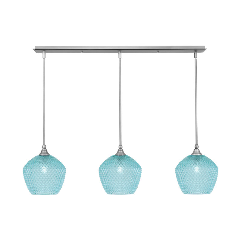 Luminaire suspendu linéaire à 3 lumières avec verre texturé turquoise de 9 po, Nickel brossé