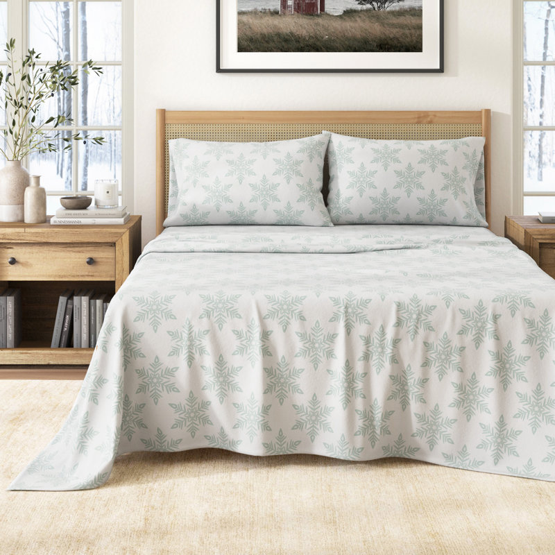 Ensemble de draps 100% flanelle d'hiver en coton turc, Flocon de neige - blanc simple, Twin with 1 Pillowcase