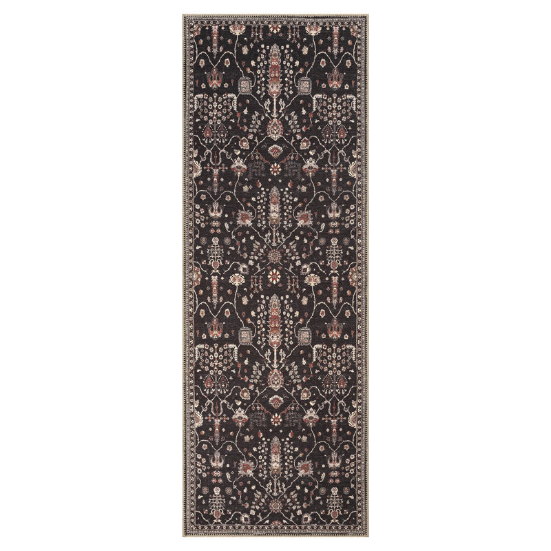 GLN Rugs Traditional Collection - Machine Washable Area Rug, Bohemian Vintage Washable Rug, Non Slip Area Rug, Low Pile Chenille Living Room Rug, Bedroom Rug, Bathroom Rug (Black Rug)