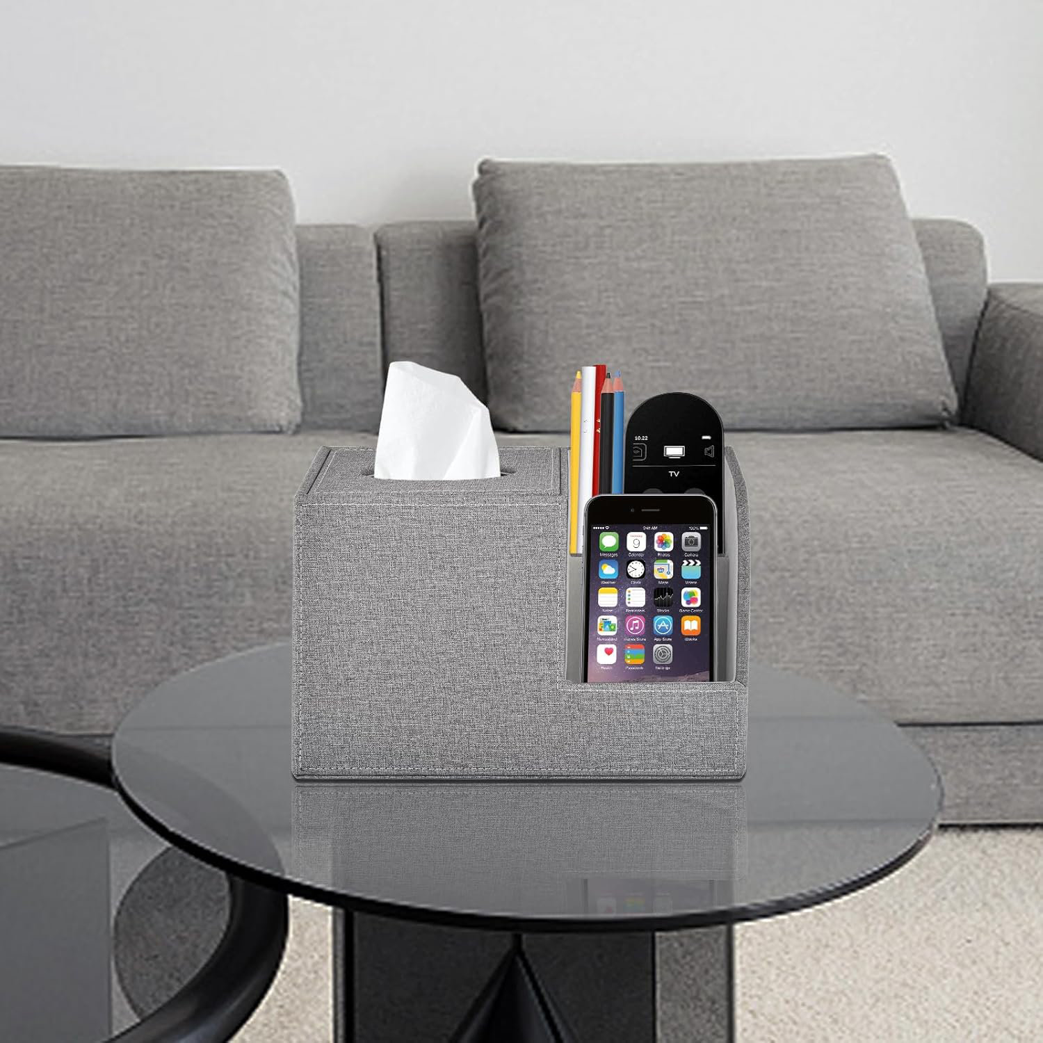 Square Leather Tissue Box Cover With Storage - 2 Compartments, Remote Holder, Desk Organizer, Grey