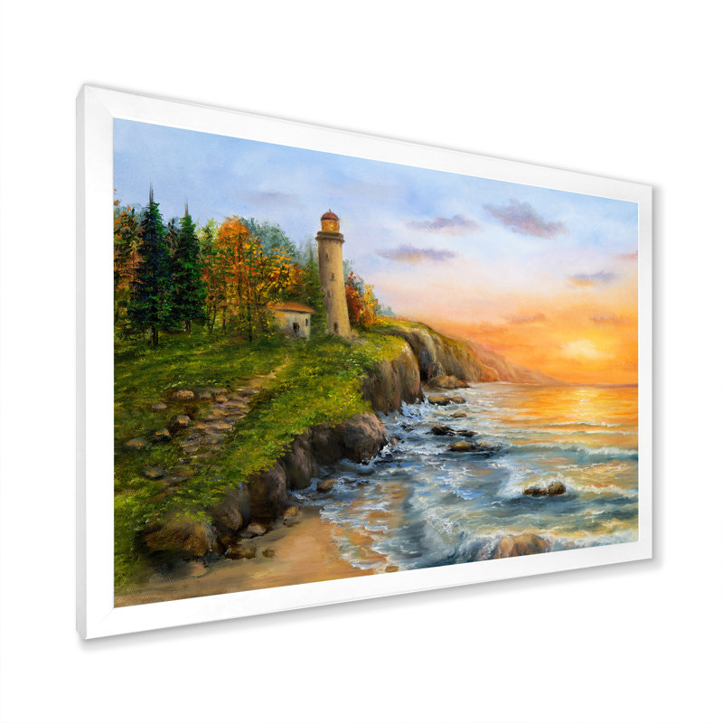 " Lighthouse Cliffs on Ocean Waves " Color Photography Print, 30" H x 40" W x 1.5" D, White Picture Frame