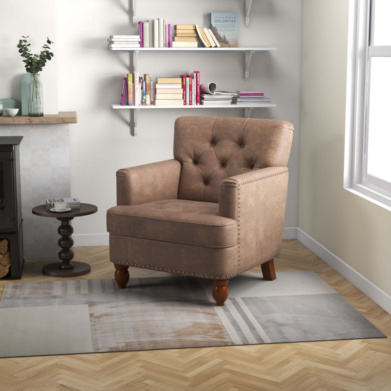 Chaise avec accoudoirs en similicuir rembourrée à 4 pieds, Brun, Brun