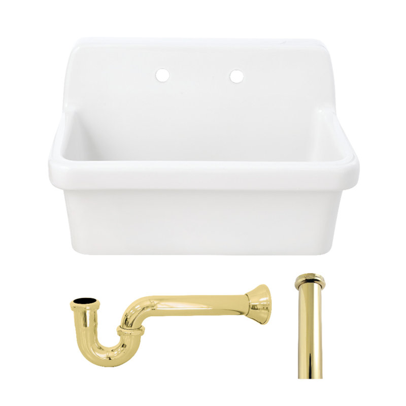 Kingston Brass Doriteal 30" Ceramic Single Bowl Wall Mount Kitchen Sink With Strainer, Polished Brass