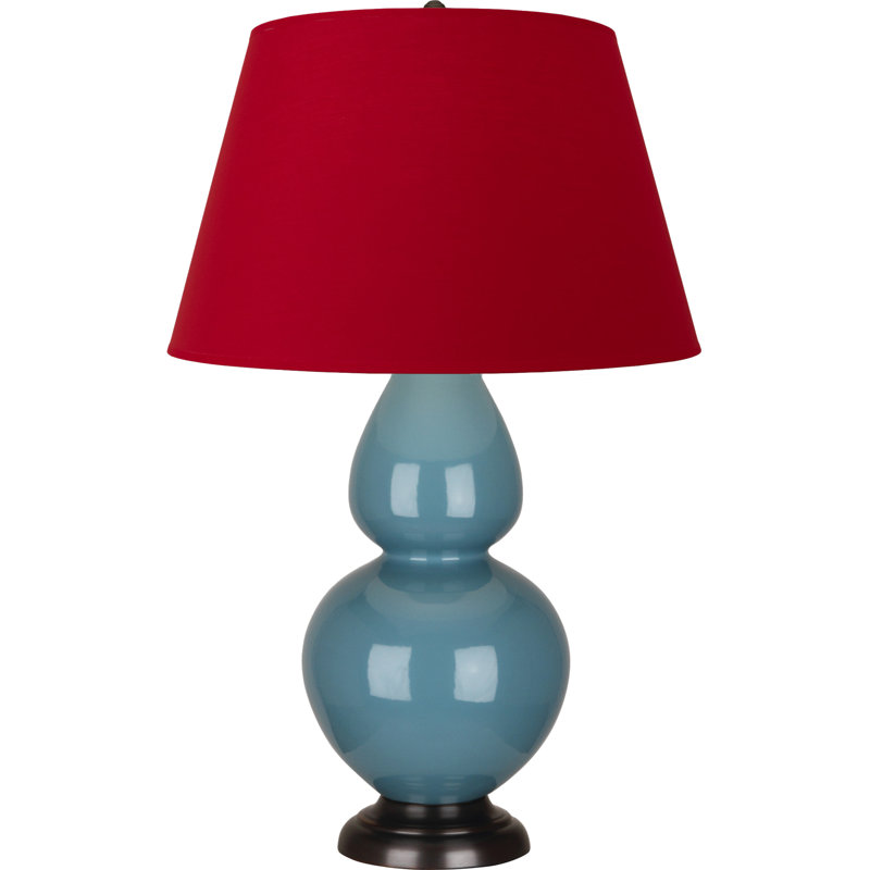 Lampe de table double gourde en céramique, Bleu acier émaillé / bronze, Blanc cassé, Bronze