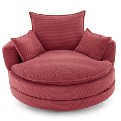 360 Swivel Red Accent Round Chair With 38 - Inch Seat Depth, Dual Layer Cushion, 3 Removable Pillows, Soft Corduroy For Full Body Relaxation In Bedroom Supportive Pillow , Silent Mechanism, Fabric