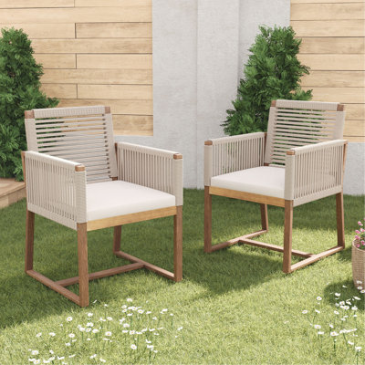 Ensemble de 2 chaises de salle à manger d'extérieur, fauteuil de patio en bois d'acacia avec dossier en corde et accoudoirs et coussin lavable
