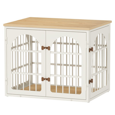 32" Heavy Duty Dog Crate Furniture for Small and Medium Dogs, Decorative Dog Kennel Indoor, Wooden Metal Dogs Cage Pet House End Side Table TV Stand, White and Nature