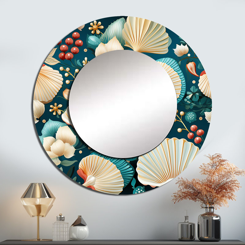 Rogenia Coastal Seashells Coastal Pattern - Coastal Mirror, Blue Round Decorative Wall Mirror, Printed Metal Art, 23" x 23"